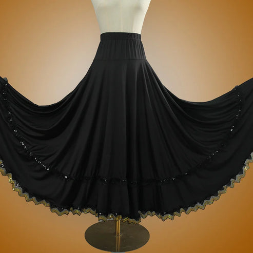 Elegant Square Danc Skirt Women National Style A-line Skirts Sequined Lace Milk Fiber Elastic-Waist Maxi Skirts 3 Kinds Lengths