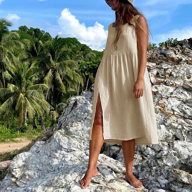 Newly 100% Cotton Gauze Dress For Women 2026 Square Collar Sleeveless Open Side Long Dress Summer Comfortable Beach Outfit