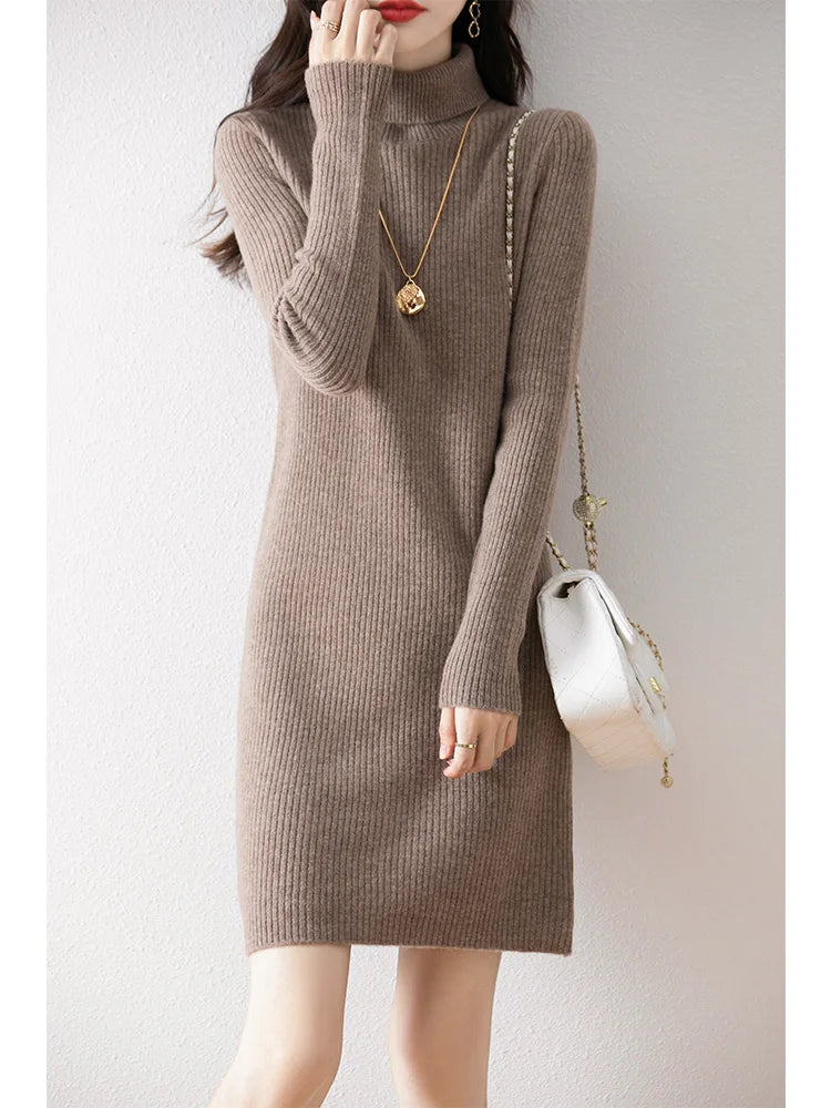 Women's Wool Short Dress Cashmere Turtleneck Pullover Sweater Autumn Winter  100% Merino Wool Knitwear Office Lady Basic Dress