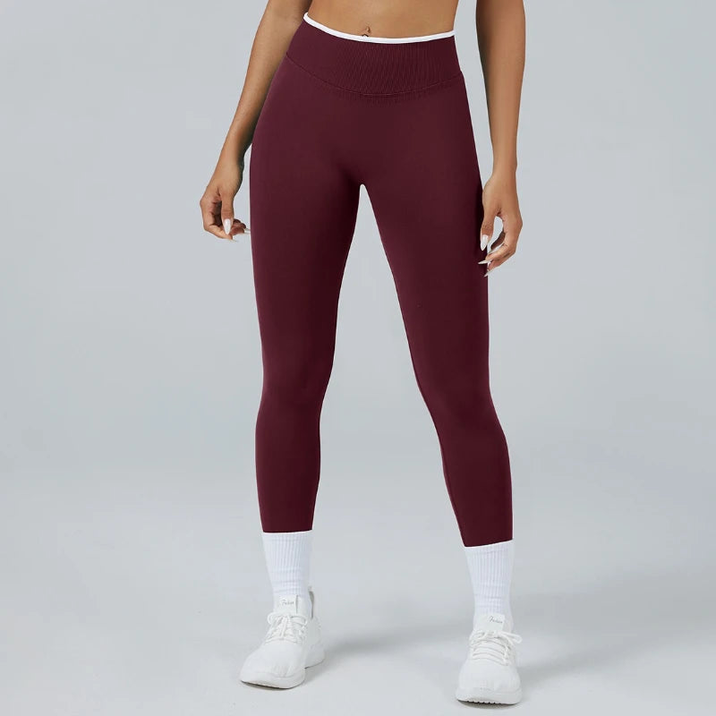 Women's Seamless High Waist Yoga Leggings White Edge Waist Solid Color Hip Lifting Tight Sports Pants for Gym Running Exercise