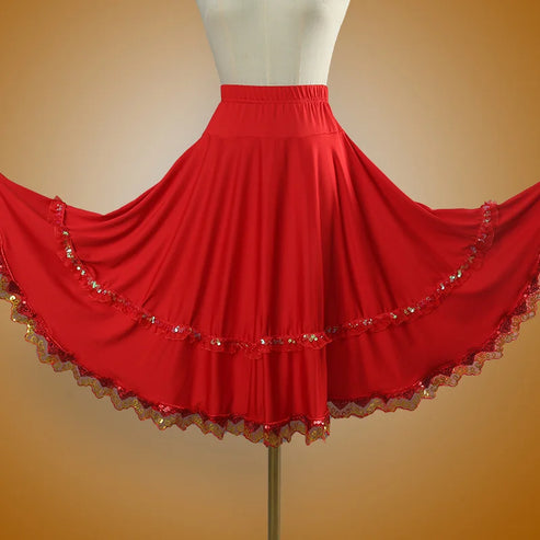 Elegant Square Danc Skirt Women National Style A-line Skirts Sequined Lace Milk Fiber Elastic-Waist Maxi Skirts 3 Kinds Lengths