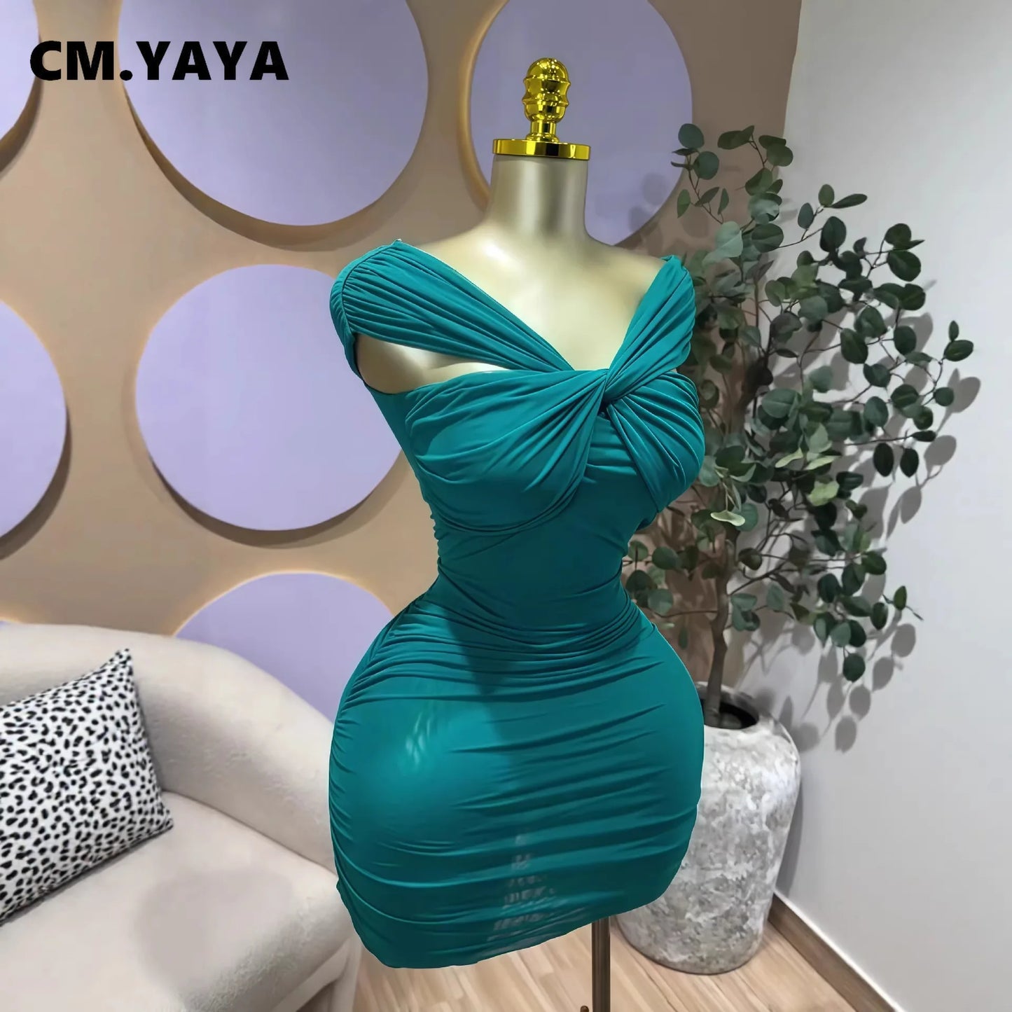 CM.YAYA Women Slash Neck Bodycon See Through Ruched Sexy Mini Dress 2026 Street Short Sleeve Party Cocktail Dresses Vestidos