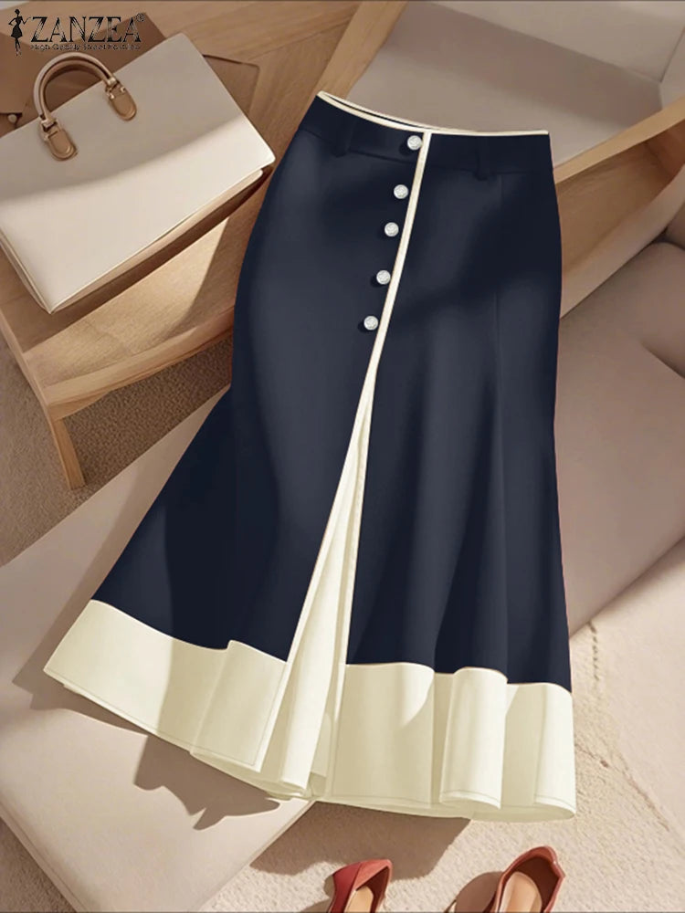 Elegant Office Skirts ZANZEA Women High Waist Patchwork Jupe 2025 Autumn Midi Skirt Robe Elegant A-line OL Work Faldas Saia