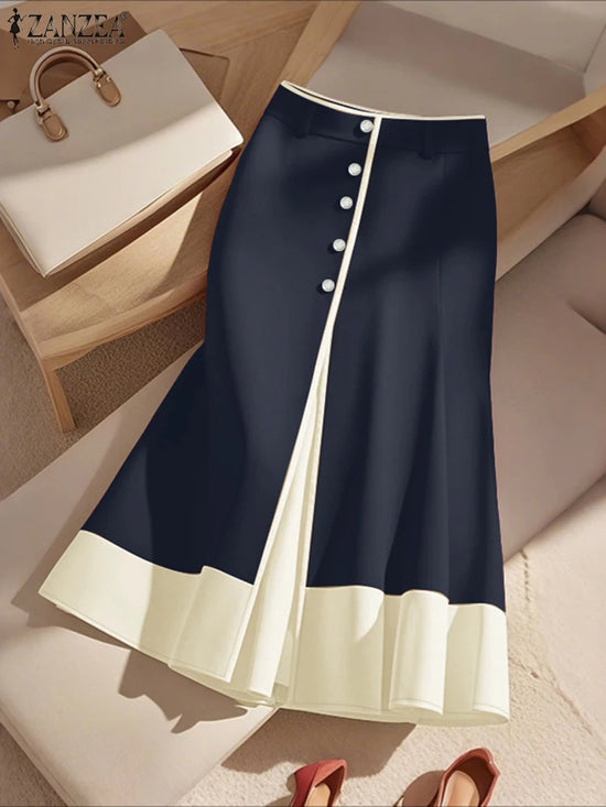 Elegant Office Skirts ZANZEA Women High Waist Patchwork Jupe 2025 Autumn Midi Skirt Robe Elegant A-line OL Work Faldas Saia