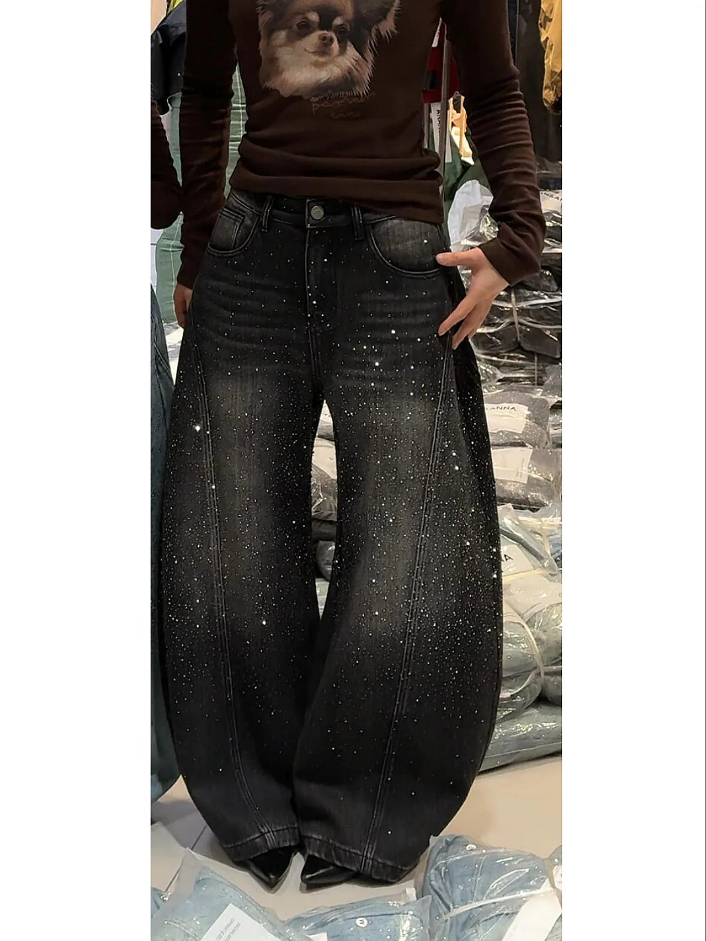 Glittering Rhinestone Denim Pants for Women's New Wide Leg Design Jeans Sensation Floor-Length Pants Loose Jeans