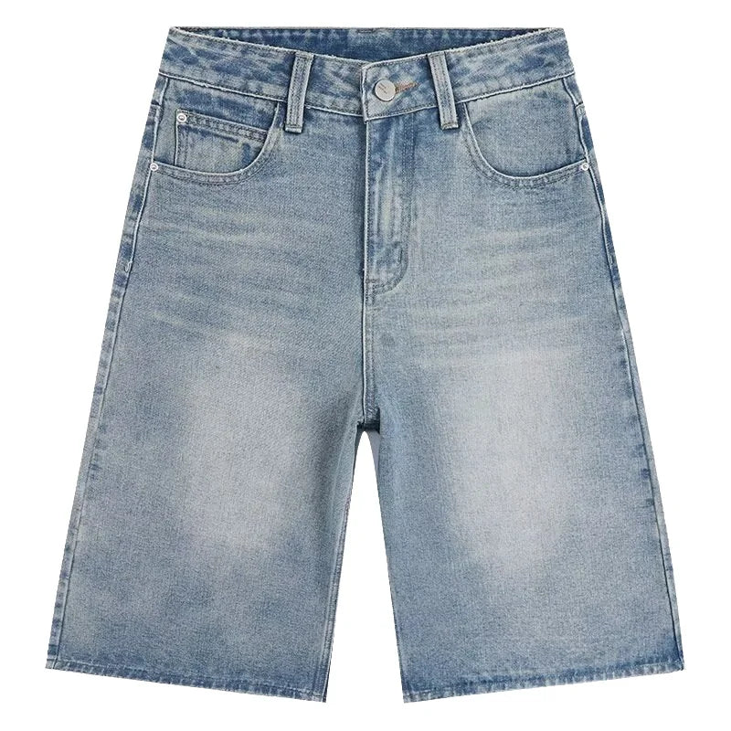 High Waist Wide Leg Seven-Foot Denim Shorts Women's Summer New Style Black Washed Loose Straight Tube Pants Trendy Streetwear