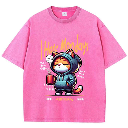 Fashion Woman Washed T-Shirts Cute Cartoons Cat Print Tee Shirts Cotton Distressed Oversize Crewneck Tops Street Female Clothes