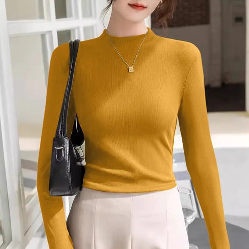 Autumn and Winter Double-sided Grinding Half-high Neck Thread Base Shirt for Women New Versatile Style Warm Long Sleeves