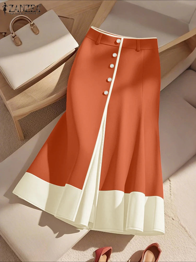 Elegant Office Skirts ZANZEA Women High Waist Patchwork Jupe 2025 Autumn Midi Skirt Robe Elegant A-line OL Work Faldas Saia