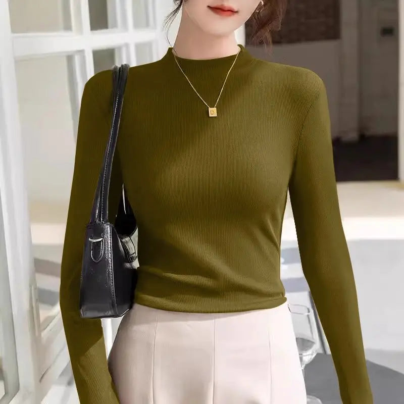 Autumn and Winter Double-sided Grinding Half-high Neck Thread Base Shirt for Women New Versatile Style Warm Long Sleeves