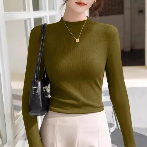 Autumn and Winter Double-sided Grinding Half-high Neck Thread Base Shirt for Women New Versatile Style Warm Long Sleeves