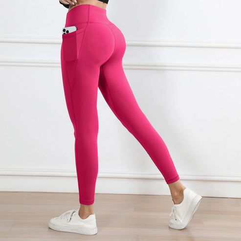 Women Leggings with Pockets Solid Color High Waist Butt Lifting Workout Tights Slim Elastic Pants Casual Wear
