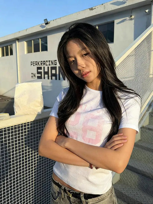 Tonngirls Vintage Print T-shirt Women Short Sleeve White Graphic Tops Japanese 2000s Y2k Crop Tops American Retro Tshirts Summer