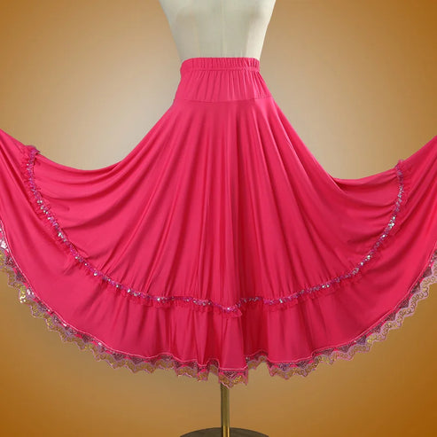 Elegant Square Danc Skirt Women National Style A-line Skirts Sequined Lace Milk Fiber Elastic-Waist Maxi Skirts 3 Kinds Lengths