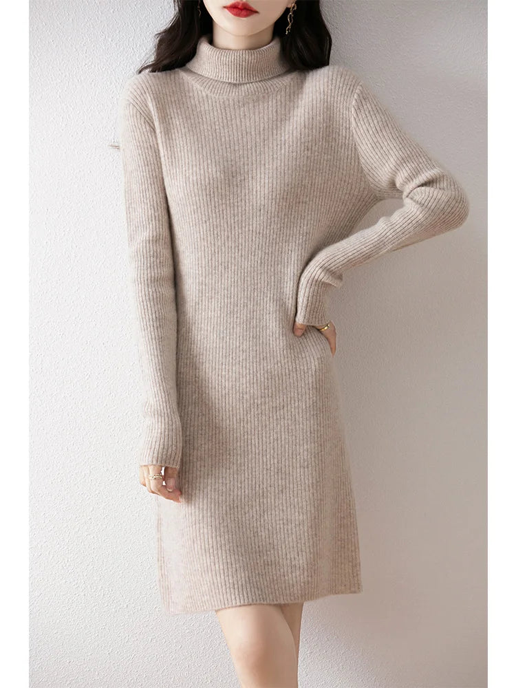 Women's Wool Short Dress Cashmere Turtleneck Pullover Sweater Autumn Winter  100% Merino Wool Knitwear Office Lady Basic Dress