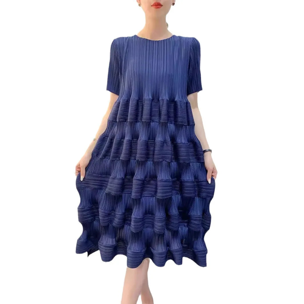 Miyake Pleated Dress Women's 2024 Spring New Fashion Design Solid Color Loose Large Size High Waist Splicing Cake Skirt