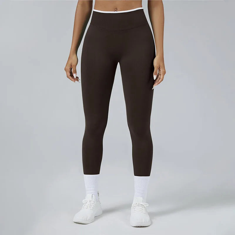 Women's Seamless High Waist Yoga Leggings White Edge Waist Solid Color Hip Lifting Tight Sports Pants for Gym Running Exercise