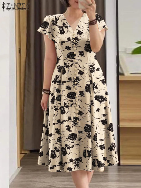 ZANZEA Woman Summer Dresses Ruffle Sleeve V-Neck Cinch Waist, Womens Elegant Floral Printing Party Commute A-Line Midi Sundress