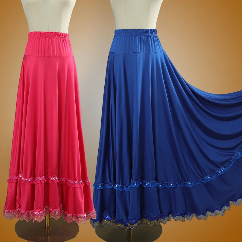 Elegant Square Danc Skirt Women National Style A-line Skirts Sequined Lace Milk Fiber Elastic-Waist Maxi Skirts 3 Kinds Lengths