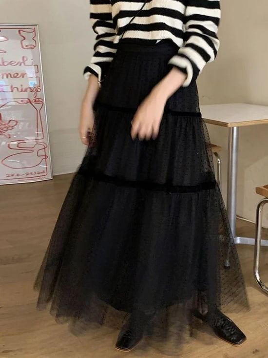 Korobov Polka Dot Gauze A-line Skirt Female Summer Temperament Shaggy Sweet Cake Long Dress Korean Fashion Faldas