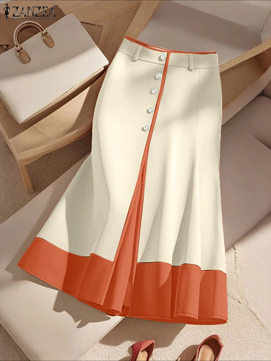 Elegant Office Skirts ZANZEA Women High Waist Patchwork Jupe 2025 Autumn Midi Skirt Robe Elegant A-line OL Work Faldas Saia