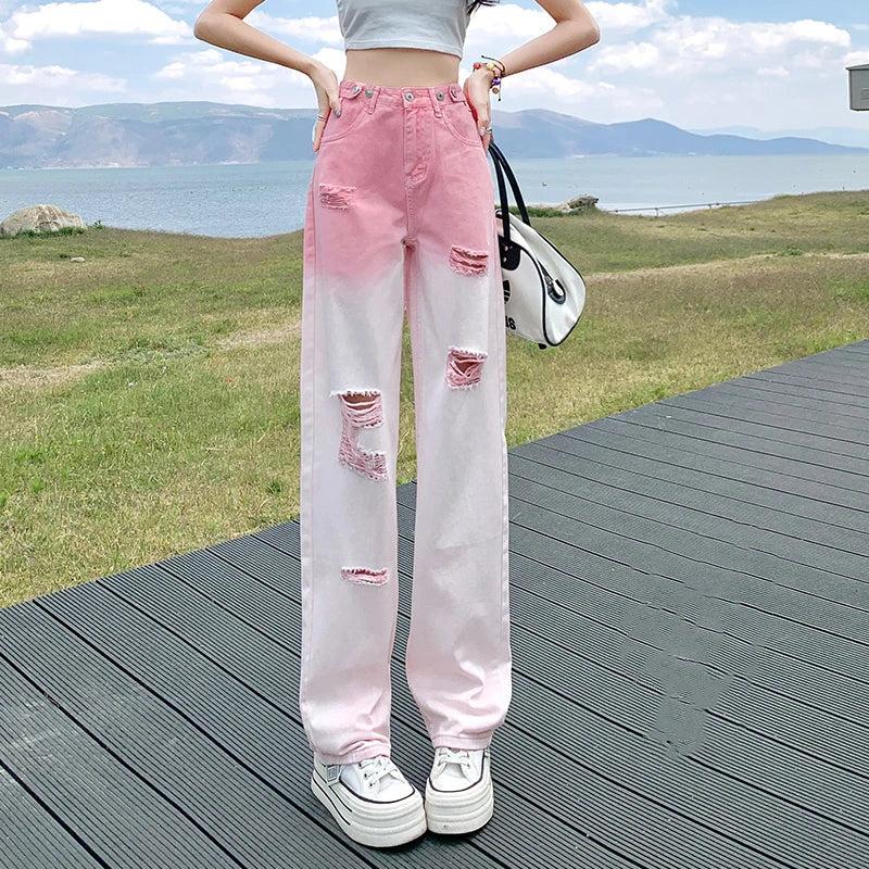 Summer New Trendy High Waist Fashion Hole Gradient Wide Leg Jeans Women's Patchwork Button Zipper Pockets Loose Straight Pants