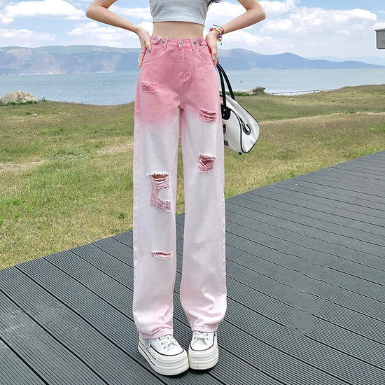 Summer New Trendy High Waist Fashion Hole Gradient Wide Leg Jeans Women's Patchwork Button Zipper Pockets Loose Straight Pants