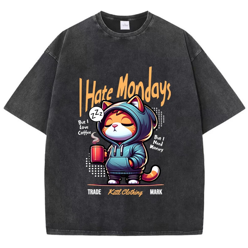 Fashion Woman Washed T-Shirts Cute Cartoons Cat Print Tee Shirts Cotton Distressed Oversize Crewneck Tops Street Female Clothes