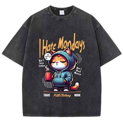 Fashion Woman Washed T-Shirts Cute Cartoons Cat Print Tee Shirts Cotton Distressed Oversize Crewneck Tops Street Female Clothes
