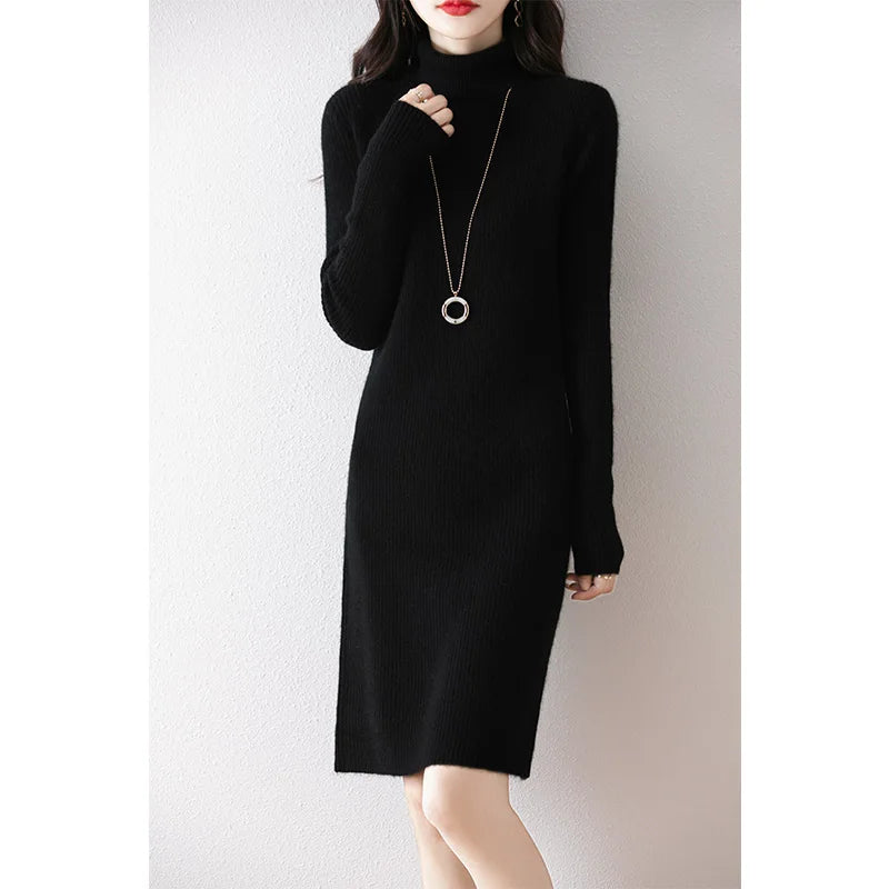 Women's Wool Short Dress Cashmere Turtleneck Pullover Sweater Autumn Winter  100% Merino Wool Knitwear Office Lady Basic Dress