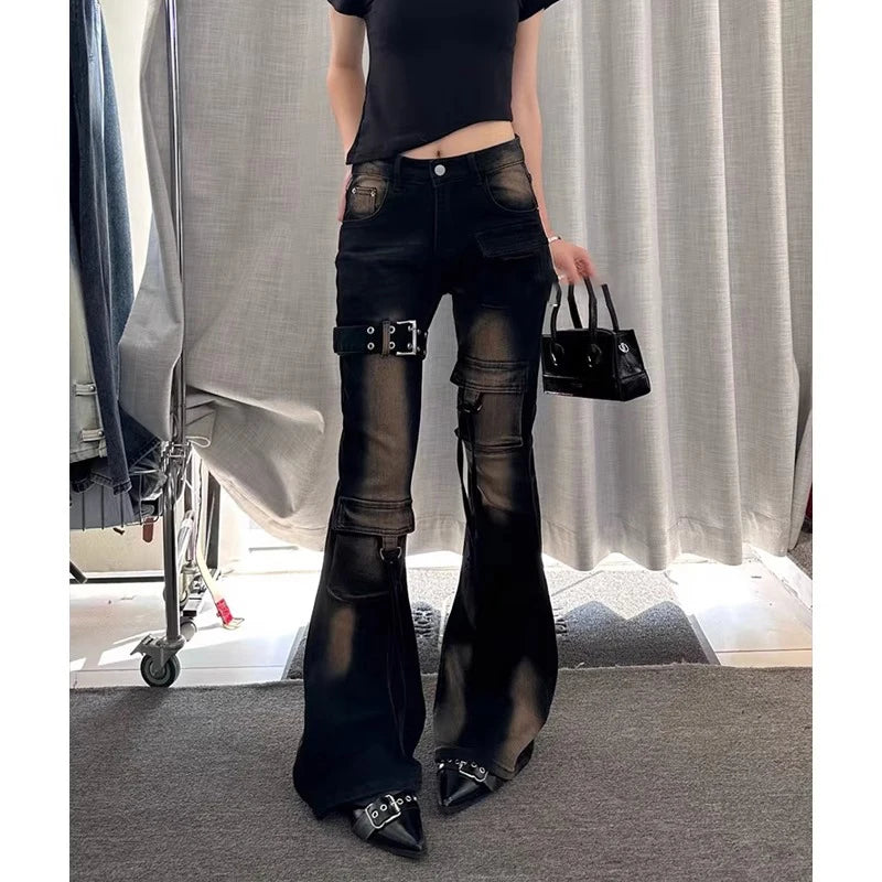 American High Street Spicy Girl Patchwork Workwear Jeans Women's Spring New Retro Wa Design Micro Flared Long Trousers