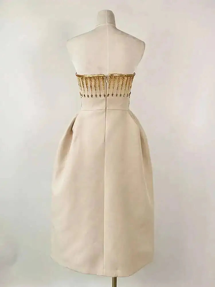 DEAT Elegant Dress Diamond Patchwork Strapless Embroidery Printing Slim Waist Women's Evening Dresses 2026 Summer New 13DB2053
