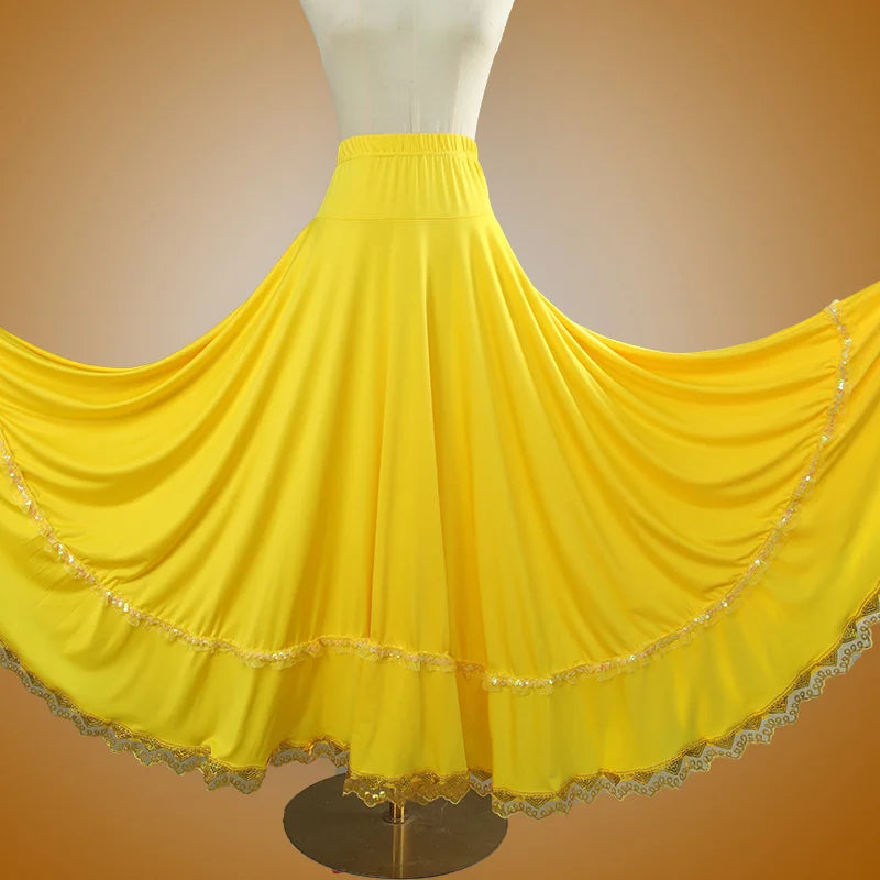 Elegant Square Danc Skirt Women National Style A-line Skirts Sequined Lace Milk Fiber Elastic-Waist Maxi Skirts 3 Kinds Lengths