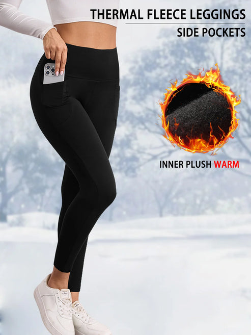 Womens Thermal Fleece Lined High Waisted With Pockets Leggings, Workout Winter Warm Thick Tights Soft Yoga Running Pants