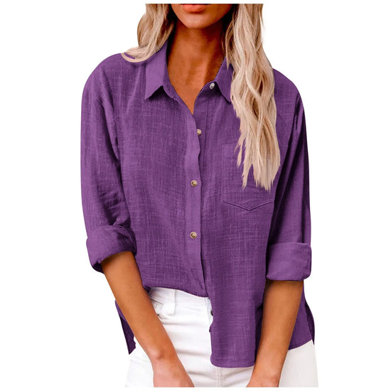 Women’s Long Sleeve Turn Down Collar Solid Color Retro Versatile T-shirts Large Sized Daily Basic Minimalist Dress Shirt For Lad