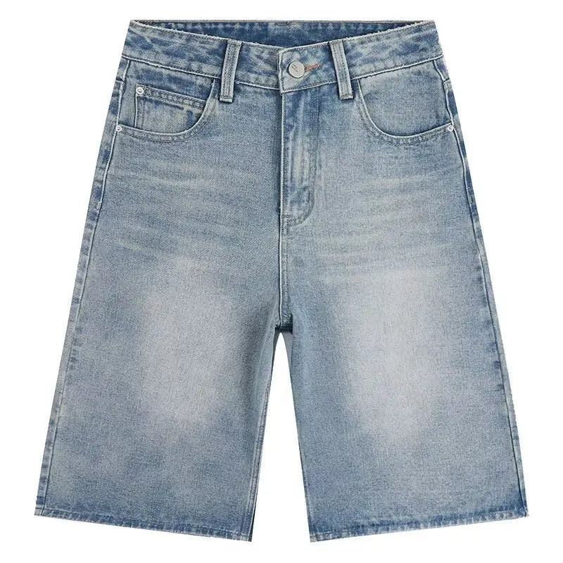 High Waist Wide Leg Seven-Foot Denim Shorts Women's Summer New Style Black Washed Loose Straight Tube Pants Trendy Streetwear