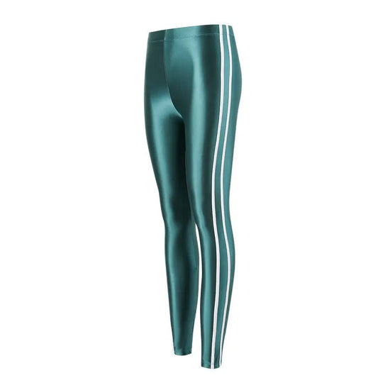 Glossy striped leggings pants High waist women Sexy slim seam workout leggings