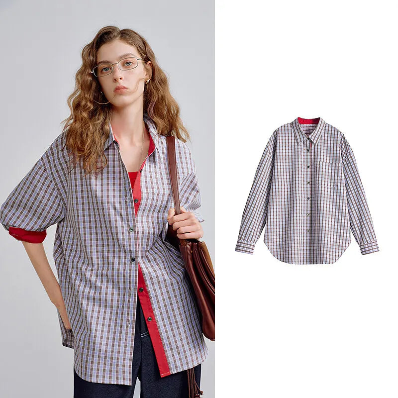 TOYOUTH Women Shirts 2026 Spring New Miu-Style Plaid Intellectual Preppy Loose Fit Retro Shirt Tops