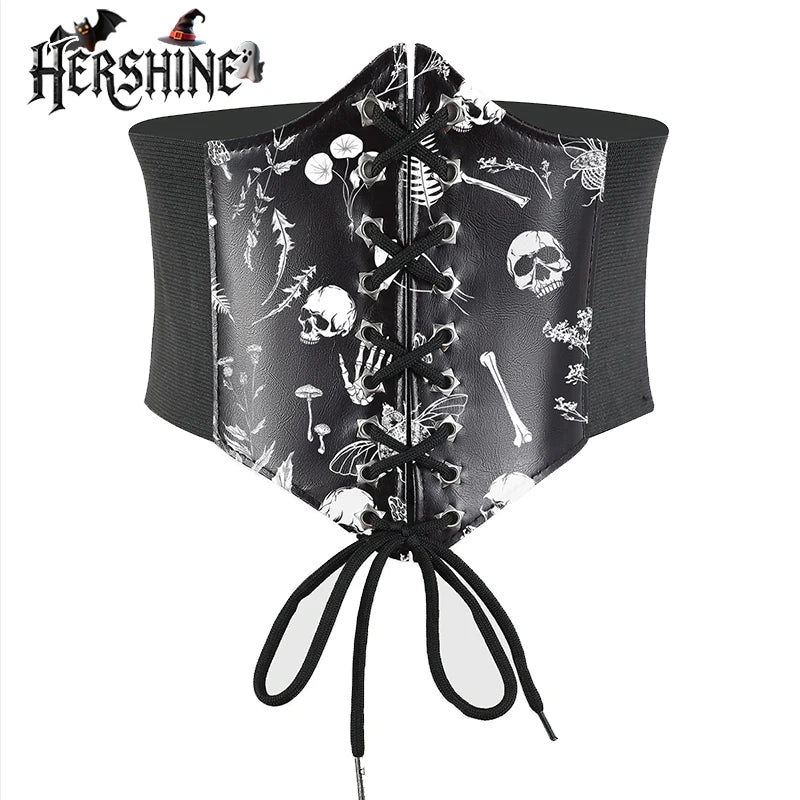 HERSHINE Women's Black Fashion Skull Print Elastic Shaping Wide Waist Belt, Y2K Gothic Punk Harajuku Style Cosplay，spring，summer