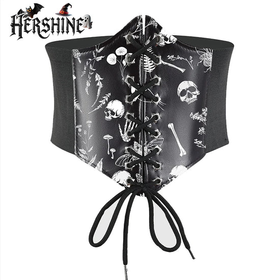 HERSHINE Women's Black Fashion Skull Print Elastic Shaping Wide Waist Belt, Y2K Gothic Punk Harajuku Style Cosplay，spring，summer