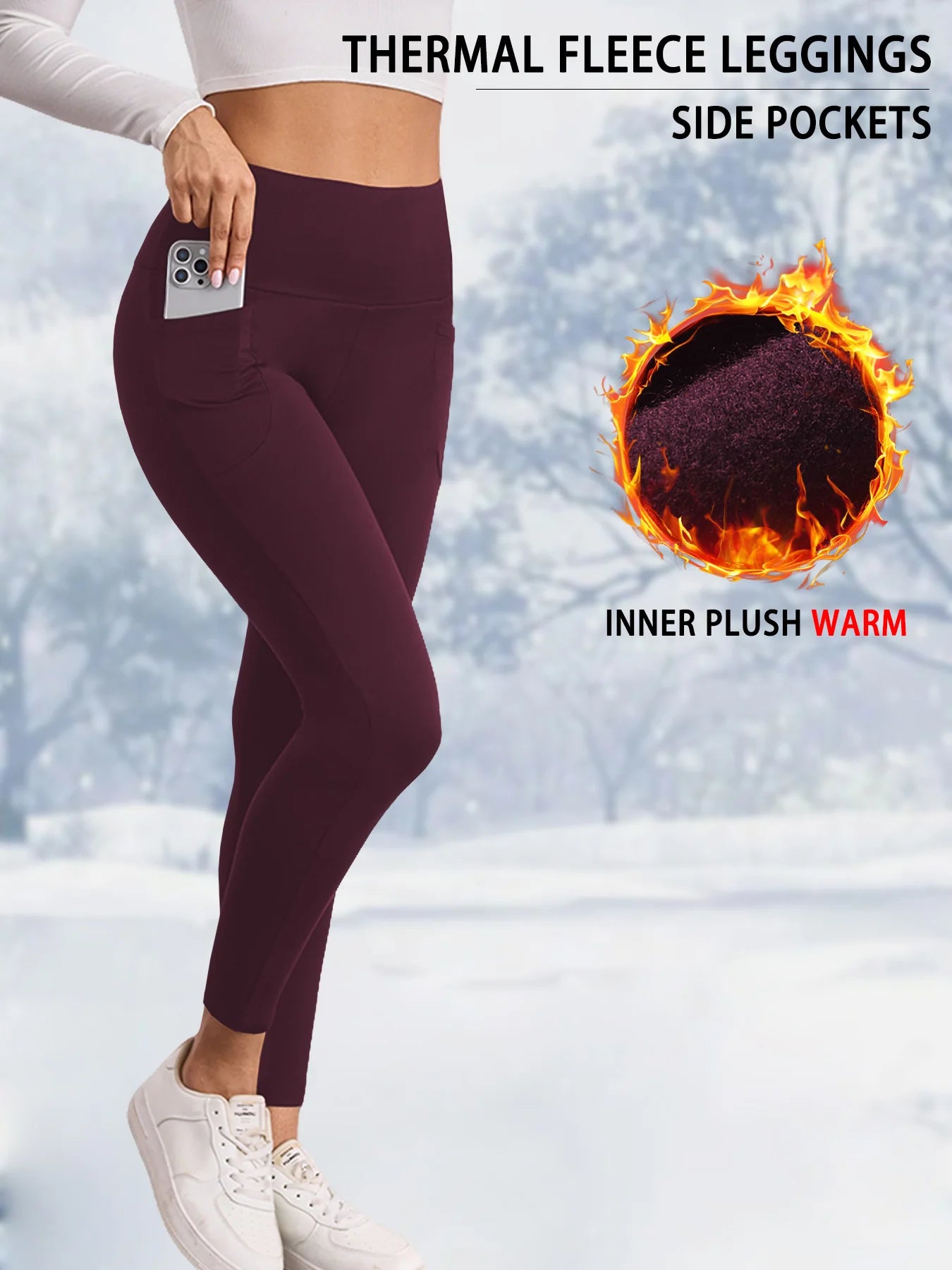 Womens Thermal Fleece Lined High Waisted With Pockets Leggings, Workout Winter Warm Thick Tights Soft Yoga Running Pants