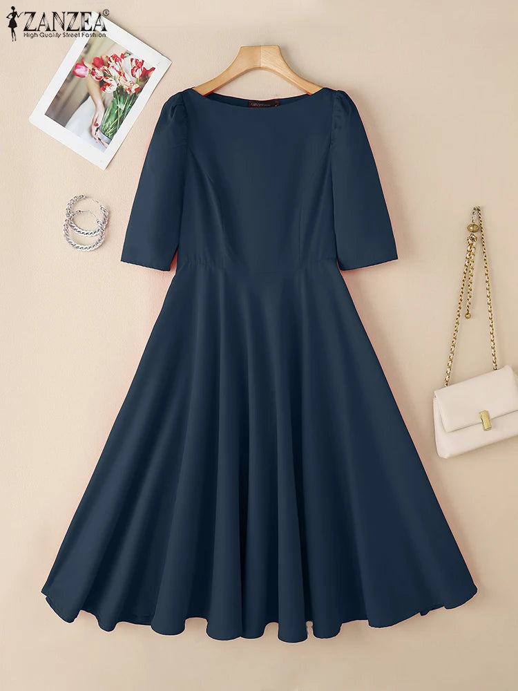 2026 Elegant Party Dress ZANZEA Women Stylish Half Sleeve A Line Dress Sundres Spring Office OL Dresses Solid Pleated Midi Robe
