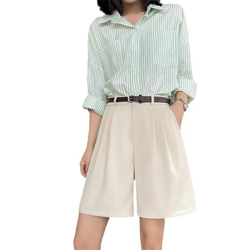 White Suit Shorts Women Summer Thin A-Line Casual Wide Leg High Waist Straight Five Pants