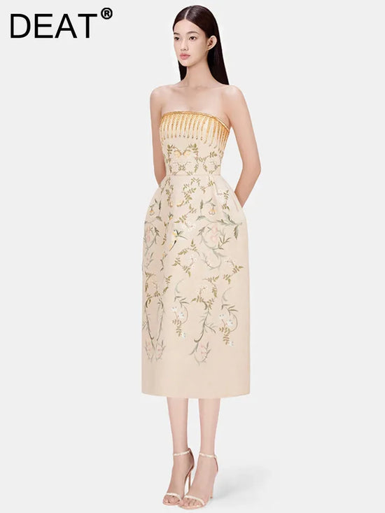 DEAT Elegant Dress Diamond Patchwork Strapless Embroidery Printing Slim Waist Women's Evening Dresses 2026 Summer New 13DB2053