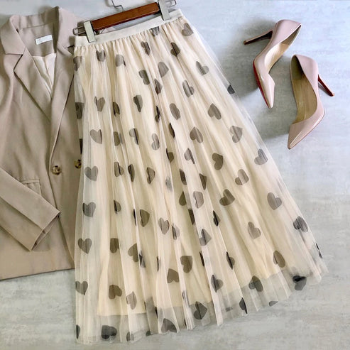 Tulle Maxi Skirt Women Fashion 2022 Spring Summer Heart Print High Waist Pleated Mesh  Long Skirt Female Aesthetic Skirt