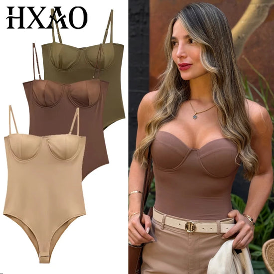 HXAO Satin Camisole Bodysuit for Women Thin Straps Women's Bodysuits Lingerie Bodycon Street Wear Sexy Backless Body Suits Woman