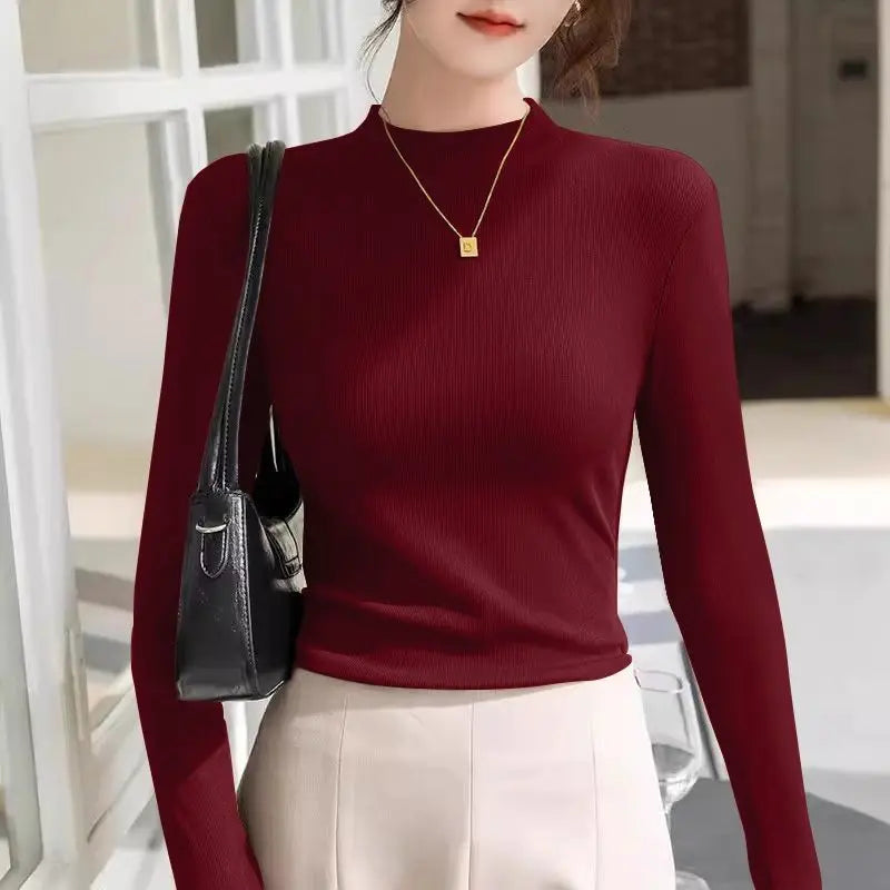Autumn and Winter Double-sided Grinding Half-high Neck Thread Base Shirt for Women New Versatile Style Warm Long Sleeves