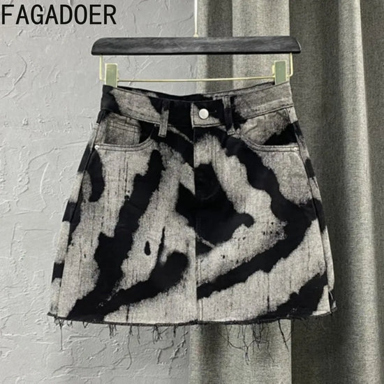 FAGADOER Gray Tie Dye Printing Fashion Denim Mini Skirts Women High Waist Button Pocket A-line Jean Skirts Sexy Y2K Streetwear